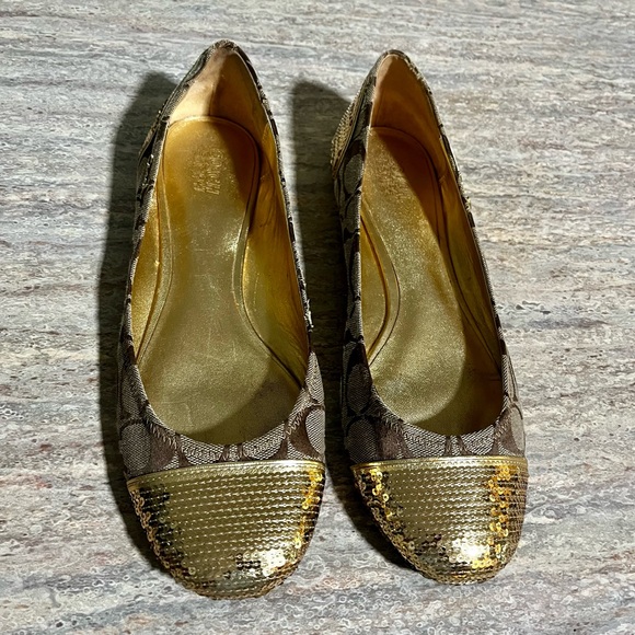 Coach Shine Gold and Brown Patterned Flats with Sequins front and back - Picture 1 of 16
